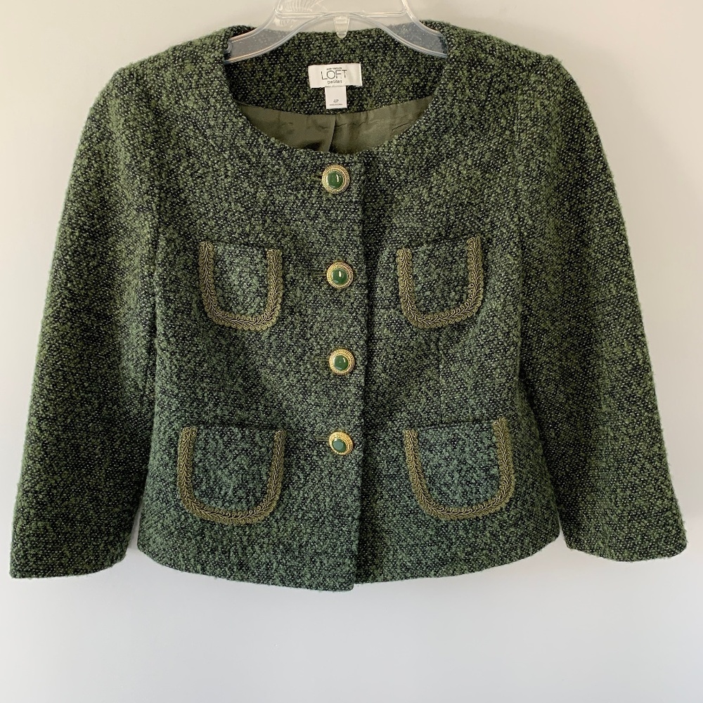 Ann Taylor Green Wool Tweed Blazer Jacket